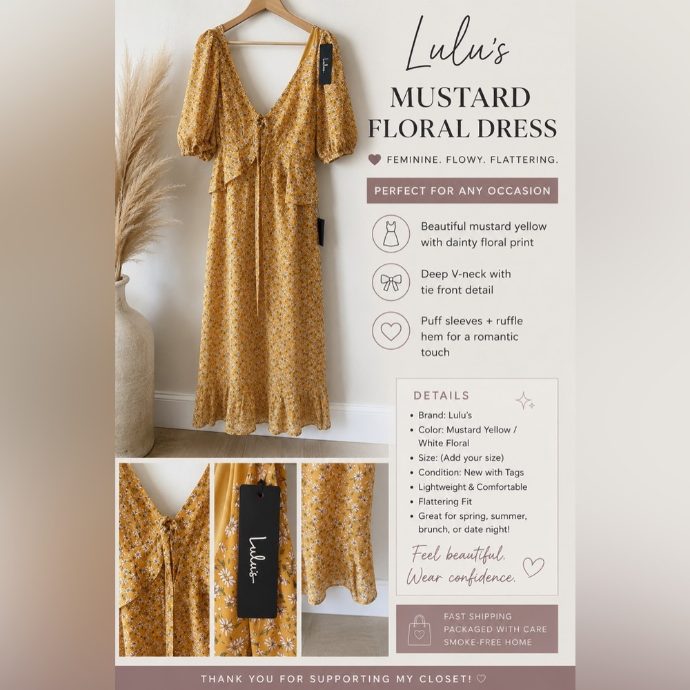 Lulu's Mustard Yellow Floral Tie-Front Midi Dress